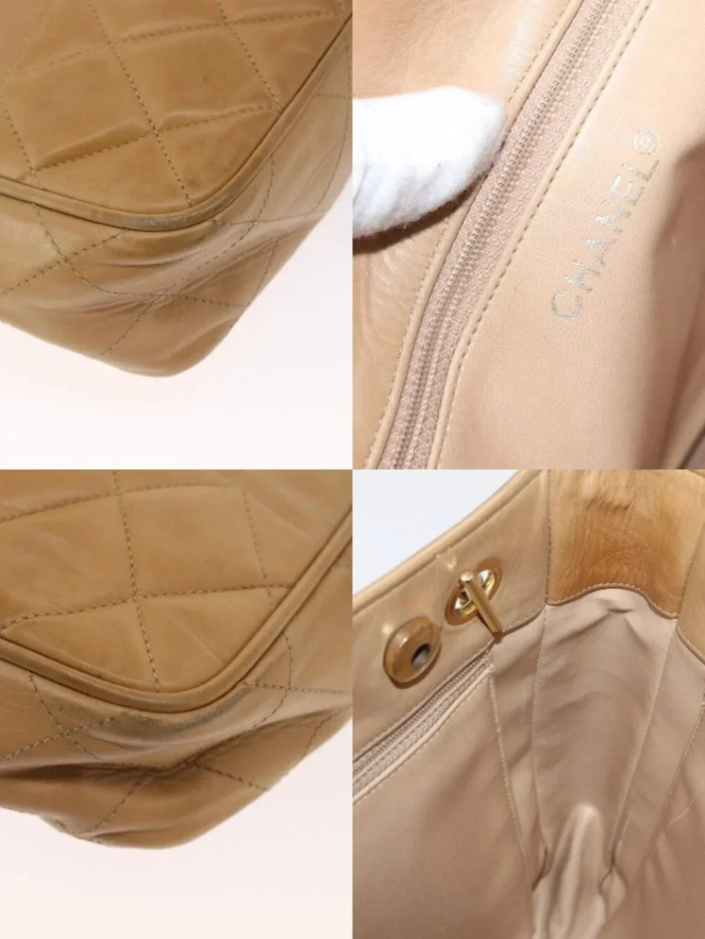 CHANEL Chain Matelasse Shoulder Bag Lamb Skin Beige Gold CC Auth gh1553